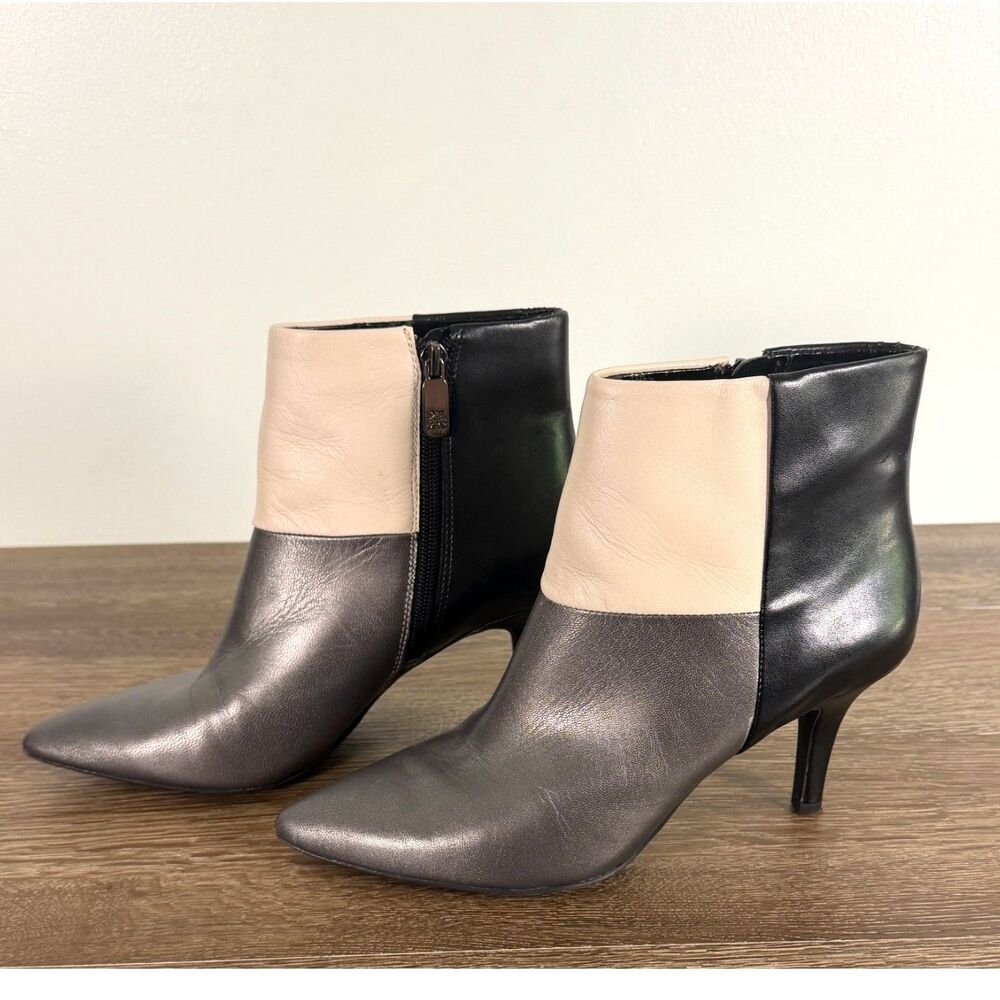 Anne Klein Akyarisol Booties 8.5M Leather Color Block Pointed Toe Heels